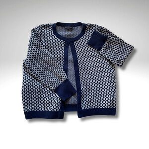 Vintage Blue Geometric Knit Cardigan – Cozy Winter Classic Heritage Sweater (S)